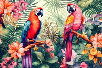 Illustration of a tropical rainforest with macaws