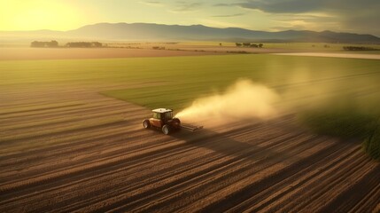 Aerial View of Tractor Plowing Field at Sunset. generative ai