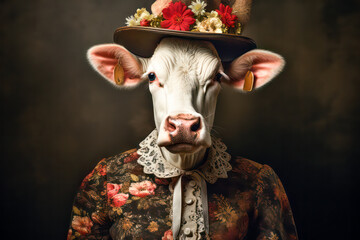 Portrait of a cow wearing costume in traditional style  