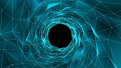 Abstract wireframe tunnel. Bright blue wormhole. 3D portal grid. Futuristic fantasy triangle funnel. Abstract dynamic wormhole tunnel on black background. Deep wavy wormhole