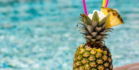 tropical cocktail with pineapple fresh summer cocktail pina colada fresh summer drink  - obrazy, fototapety, plakaty