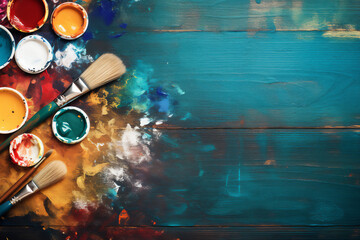 oil paint, paint, tins, brushes, spilled, palette, blue, wooden, wood, boards, artist, artistic, background, illustration, Generative AI, Generative, AI, creative, art, supplies, colour, mixing, vibra