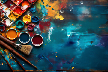 A vivid display of spilled artist palette oil paints and  brushes arranged on blue wooden boards capturing the essence of artistic chaos, Generative AI stock illustration image