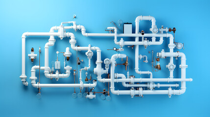 White plumbing pipes and connections blueprint on blue background