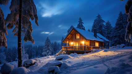 Wooden house in winter forest at night.
