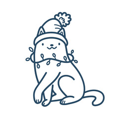 Cute Christmas cat in Santa hat and garland.Hand doodle illustration isolated on a white background.