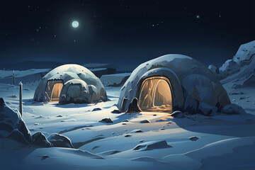illustration of a beautiful igloo view at night - obrazy, fototapety, plakaty