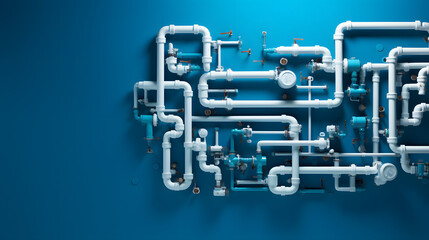 White plumbing pipes and connections blueprint on blue background