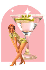Elegant, pretty young girl with flirty expressing standing with martini cocktail. Contemporary art collage. Concept of retro fashion, beauty, party, alcohol drink, celebration. Vintage paper effect - obrazy, fototapety, plakaty
