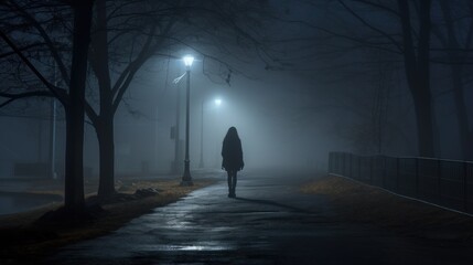 A young woman stands alone under white streetlights on a foggy night.