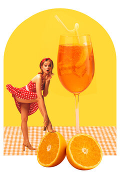 Pretty, beautiful young girl in elegant dress standing with cocktail. Refreshment. Contemporary art collage. Concept of retro fashion, beauty, party, alcohol drink, celebration. Vintage paper effect