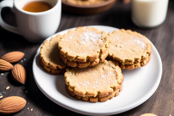 Homemade oatmeal cookies with almonds on a wooden background. Generative AI