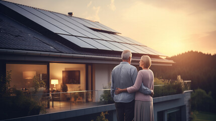 Smiling elderly couple standing in front of their luxurious villa in the evening