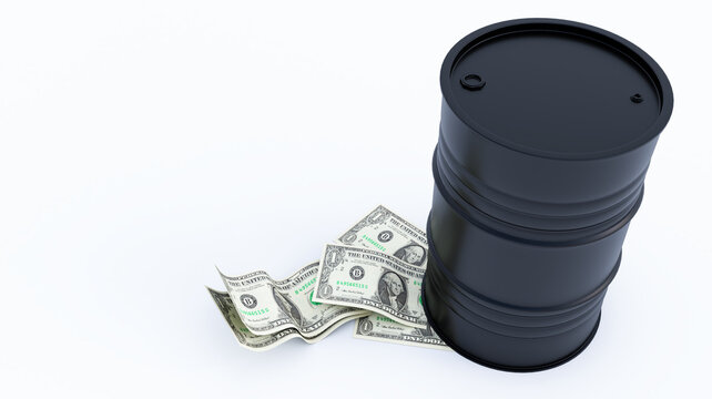 3D render of Oil barrel and dollars money isolated on white background.