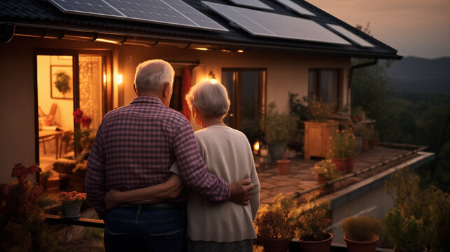 Smiling elderly couple standing in front of their cottage in the evening