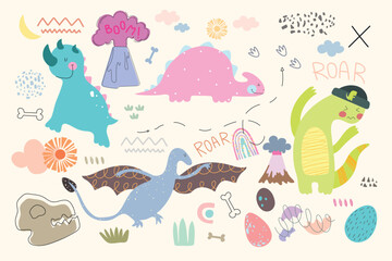 Set of four cute dino in pastel colors, plants, volcano, eggs, spots, bones. Colorful stickers, vector illustration.Doodle	
