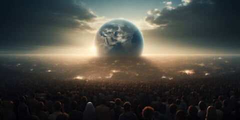 Overpopulated planet Earth drowns in an endless crowd of humanity, a metaphorical image. - obrazy, fototapety, plakaty