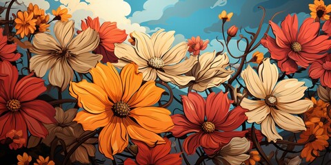 Fototapeta premium Blooming Flowers Illustration in Retro Comic Art Style
