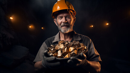A satisfied gold miner in a helmet in a mine holds a pile of extracted gold nuggets. - obrazy, fototapety, plakaty