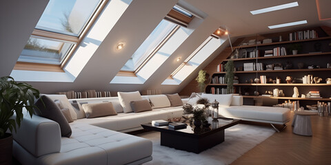 A modern attic or loft inside is a stylish and functional living space that has been designed to...
