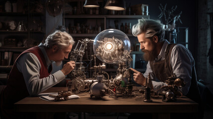 Two inventors are working hard to create a futuristic device with a fantasy twist.