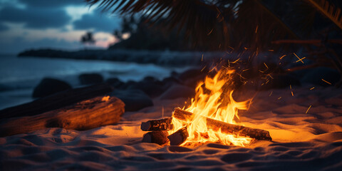 A flickering campfire illuminates a tropical beach at sunset.