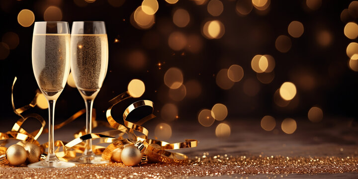 Two glasses of sparkling wine on a festive New Year's Eve background.