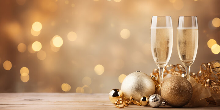 Two glasses of sparkling wine on a festive New Year's Eve background.