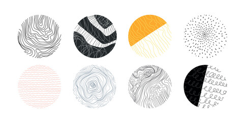 Set of round abstract colorful backgrounds or patterns. Drawn doodle shapes. Spots, drops, curves, lines. Modern fashion vector illustration. Posters, icon templates for social networks