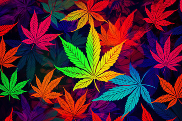 A backdrop of large cannabis leaves, arranged in a chaotic pattern. - obrazy, fototapety, plakaty