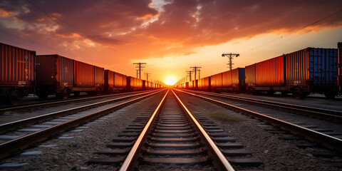 A freight train carries containers at sunset. - obrazy, fototapety, plakaty
