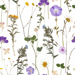 Beautiful floral seamless pattern with realistic wild herbs and flowers. Stock illustration.