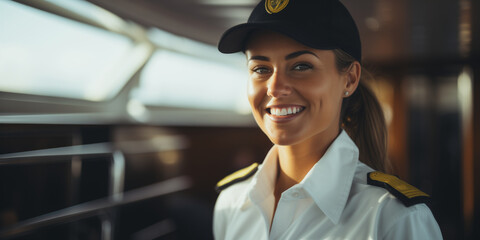A beautiful female sailor, a member of the crew of a cruise ship or large yacht, smiles and is full of inspiration - obrazy, fototapety, plakaty