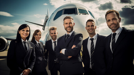 The team of pilots and flight attendants stand with the airplane in the background, responsible for ensuring a safe and comfortable flight - obrazy, fototapety, plakaty