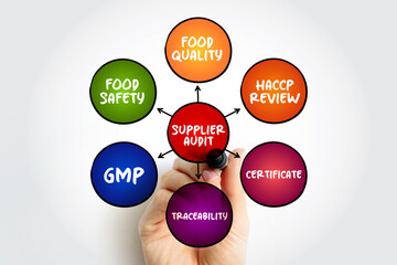 Supplier Audit is a tailor-made programme that assesses a supplier's quality systems, mind map concept for presentations and reports