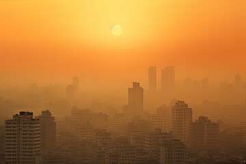 Smog and fine dust covering a city in the morning with orange sky. Cityscape with polluted air. Dirty environment. Air pollution and global warming concept.