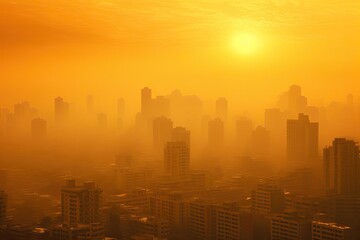 Smog and fine dust covering a city in the morning with orange sky. Cityscape with polluted air. Dirty environment. Air pollution and global warming concept.