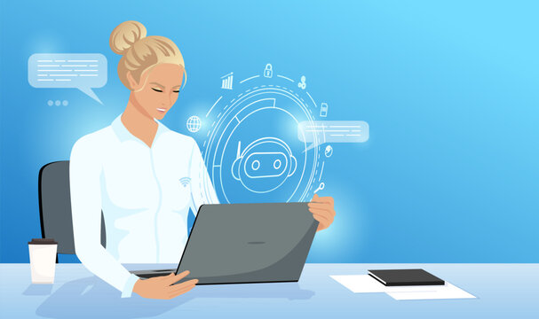 Businesswoman typing on laptop, using chat bot to text online with friend. Robot with circle hologram. Artificial intelligence technology. Digital machinery. Futuristic innovation. Vector illustration