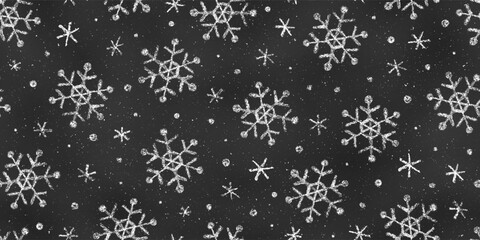 Seamless Pattern of Chalk Drawn Sketches White Snowflakes on Chalkboard Backdrop. Stylized Grunge Endless Motif.