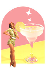 Pretty young woman and sweet and sour margarita cocktail. Delicious taste. Contemporary art collage. Concept of retro fashion, beauty, party, alcohol drink, celebration, pop art. Vintage paper effect