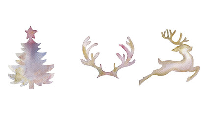 Christmas silhouette of deers and new year tree . Watercolor Christmas hand drawn illustration for stickers ,cards, backgrounds, scrapbooking and your design. Perfect for wedding invitation.
