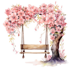 Watercolor swing on a tree. Generative AI, png image.