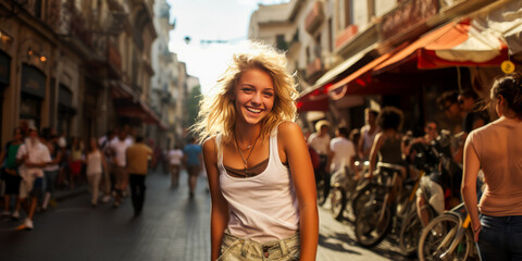 Fototapeta na wymiar Blonde young woman joyfully exploring European streets.