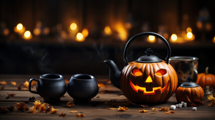 service à thé, théière et tasse sur le thème d'Halloween posé sur une table en bois dans une ambiance sombre et feutré