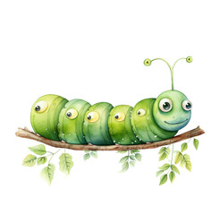 Watercolor green caterpillar. Generative AI, png image.