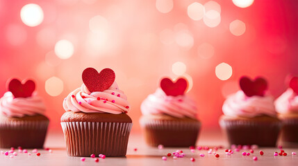 Cup cakes Valentine's Day inspired, with a small red on a soft bokeh background 
