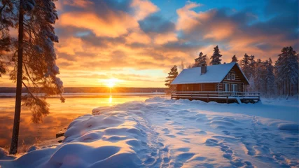  Beautiful winter landscape with a wooden house on the shore of the lake at sunset © Alex
