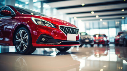 A blurred image of a new red car parked in a showroom at a car dealership. - obrazy, fototapety, plakaty