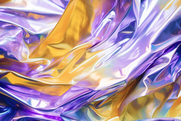 Yellow, lavender and silver iridescent holographic surface shining. Futuristic twisted and crumpled aluminum foil made of liquid metal with color gradients.
