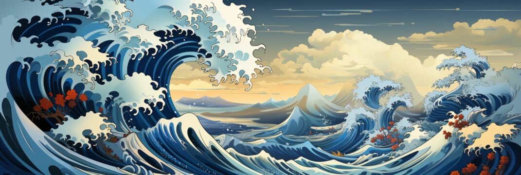 Beautiful Flower and Wave Background with Hokusai Art Style